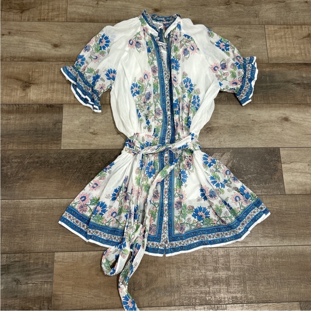 Juliet Dunn London Blouson Blue Floral lightweight Dress 100% Cotton Mini Dress